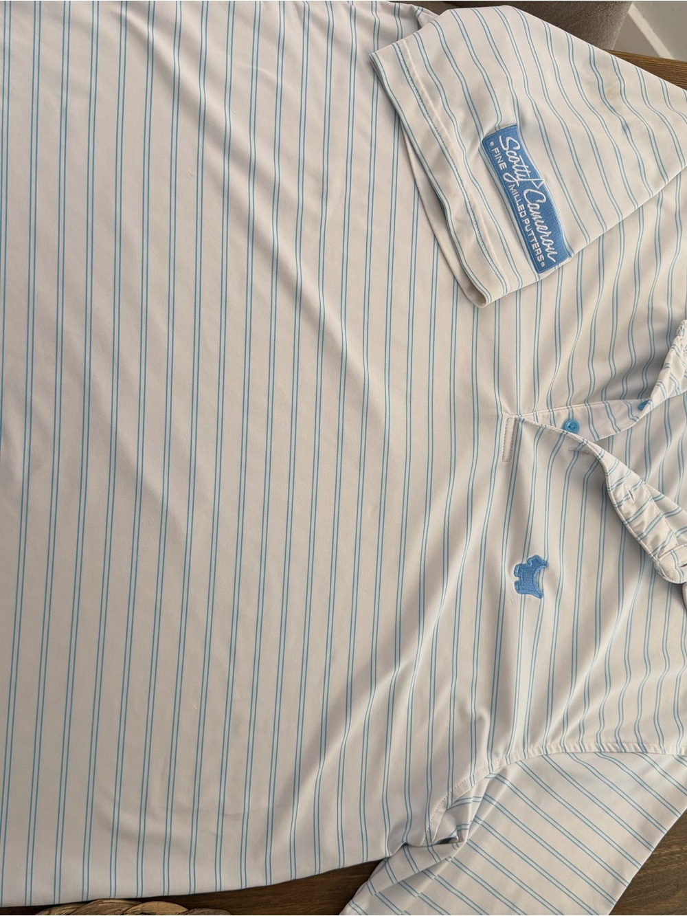 Scotty Cameron Men’s White Polo with Light Blue Pinstripes